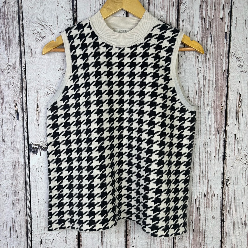 LOFT Petites Size Large Petite Cream & Black Houndstooth Crew Neck Sweater Vest